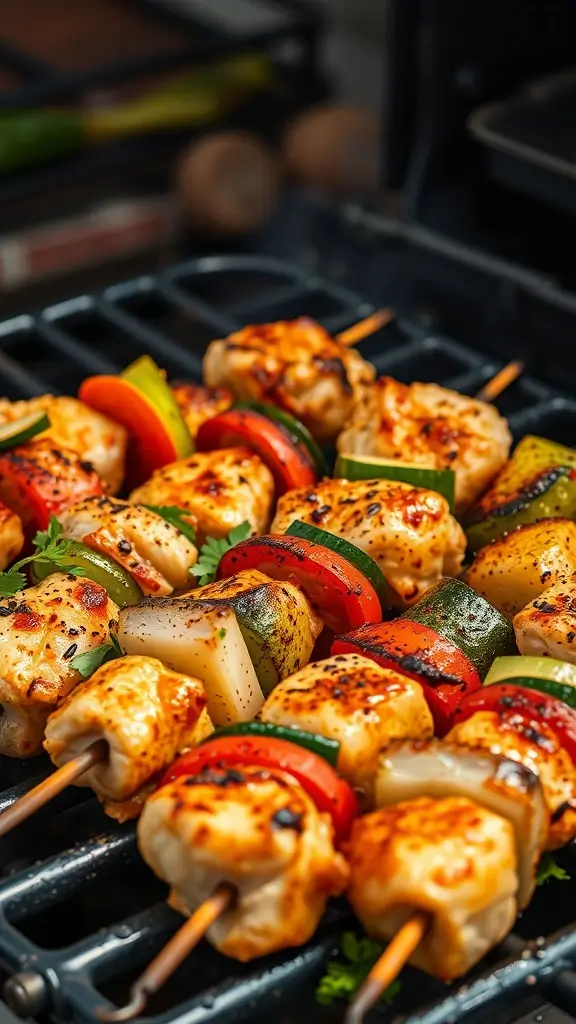 Cajun chicken and vegetable skewers grilling on a barbecue.