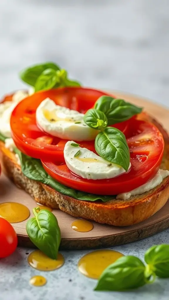 A delicious Caprese cottage cheese toast topped with fresh mozzarella, tomatoes, and basil.
