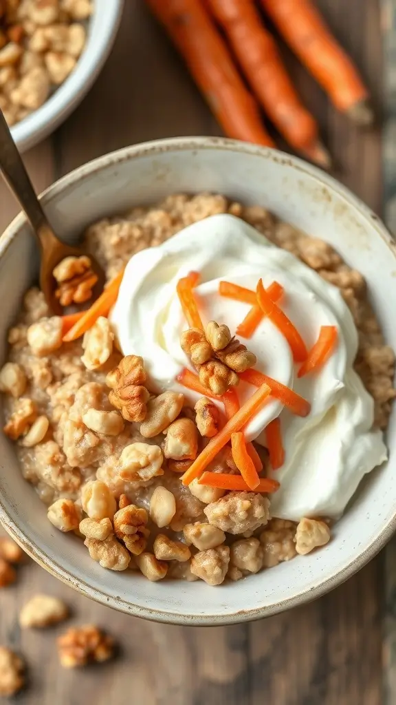A warm bowl of carrot cake cottage cheese oatmeal topped with grated carrots and walnuts.