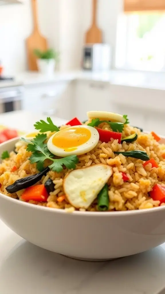 A bowl of cauliflower fried rice topped with green onions and eggs