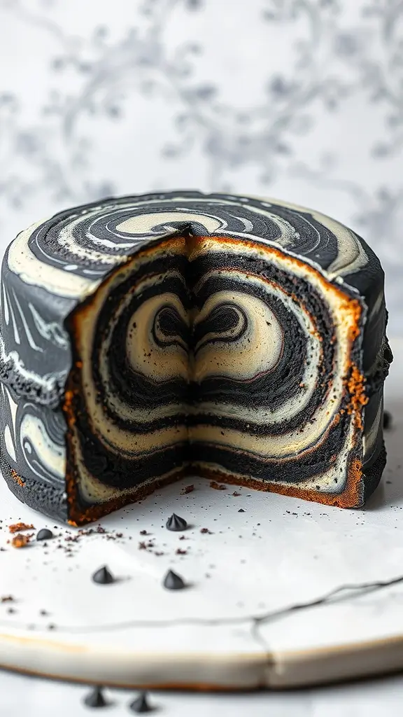 A beautifully marbled charcoal and vanilla cake with swirls of black and cream.