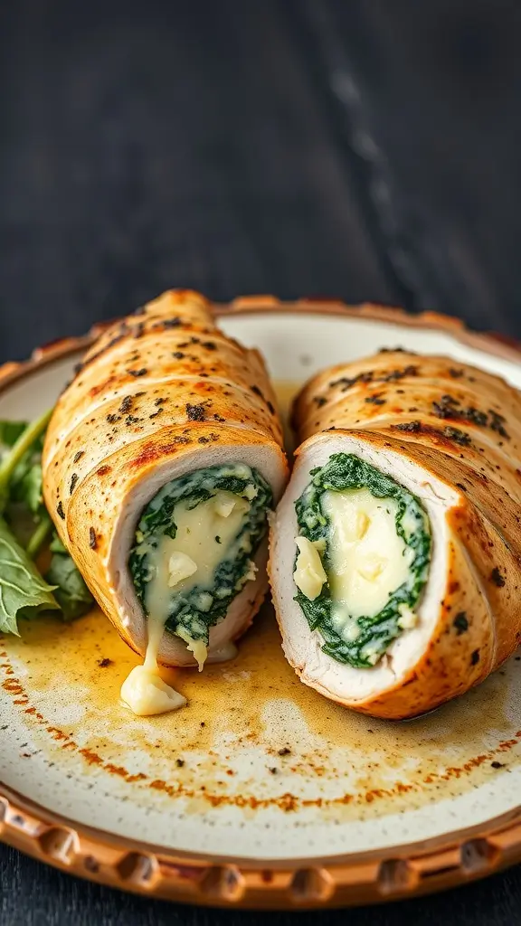 Cheesy Spinach Stuffed Chicken Breasts sliced to show the filling