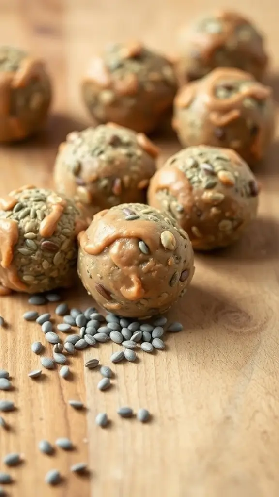 Chia Seed Peanut Butter Energy Bites on a wooden surface