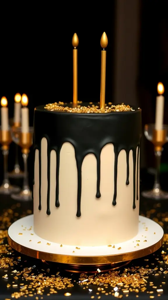 Chic black and gold drip cake with candles and decorations