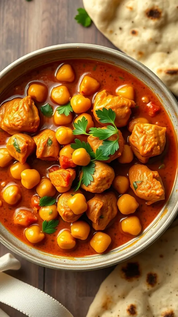 A bowl of chicken and chickpea curry garnished with parsley, served with naan.