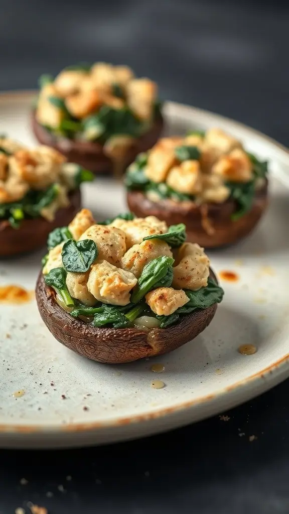Chicken and spinach stuffed portobello mushrooms on a plate.