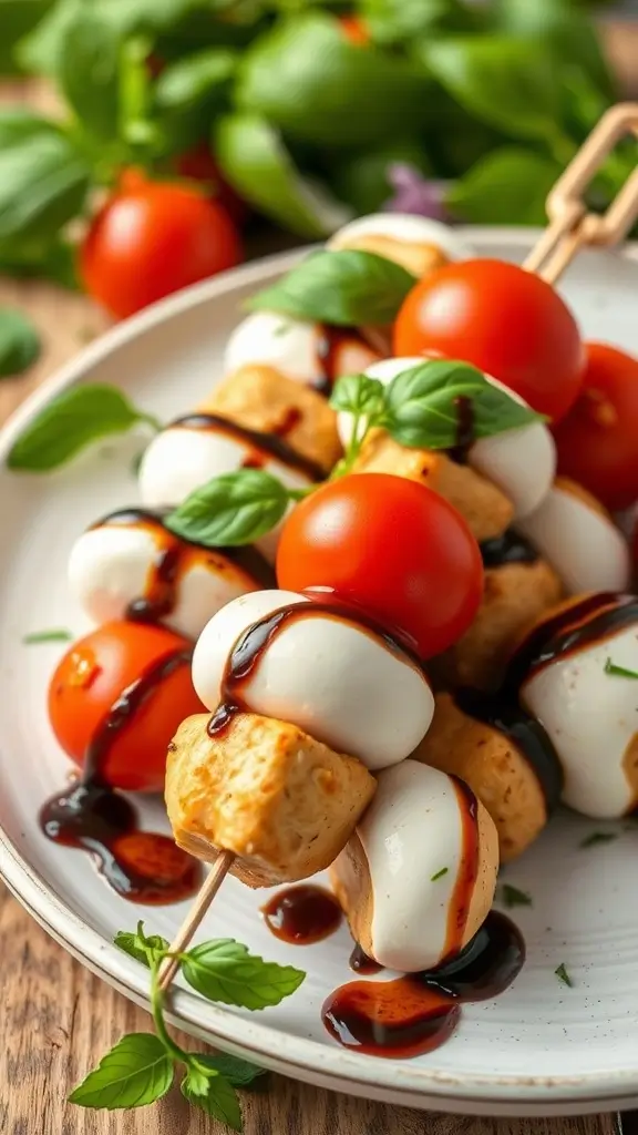 Delicious Chicken Caprese Skewers with basil and tomatoes