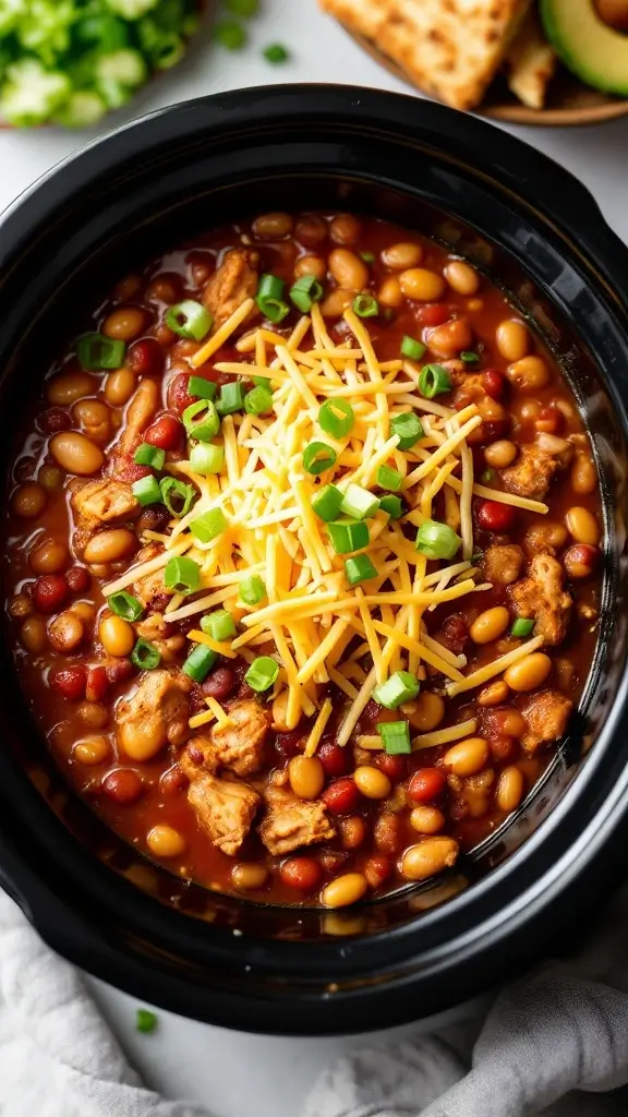 A bowl of chicken chili with beans topped with cheese and green onions.