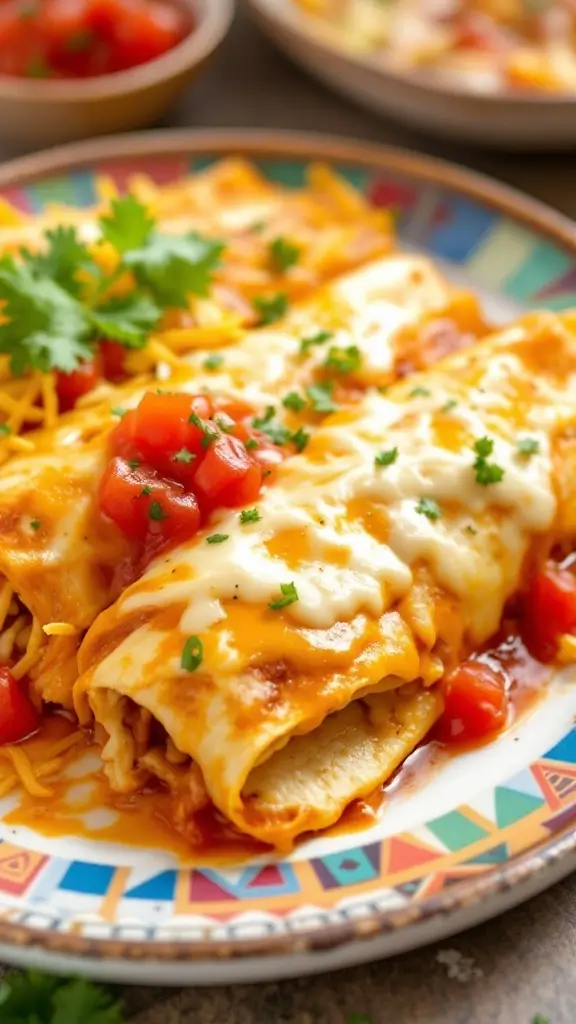 Delicious chicken enchiladas topped with cheese, diced tomatoes, and cilantro