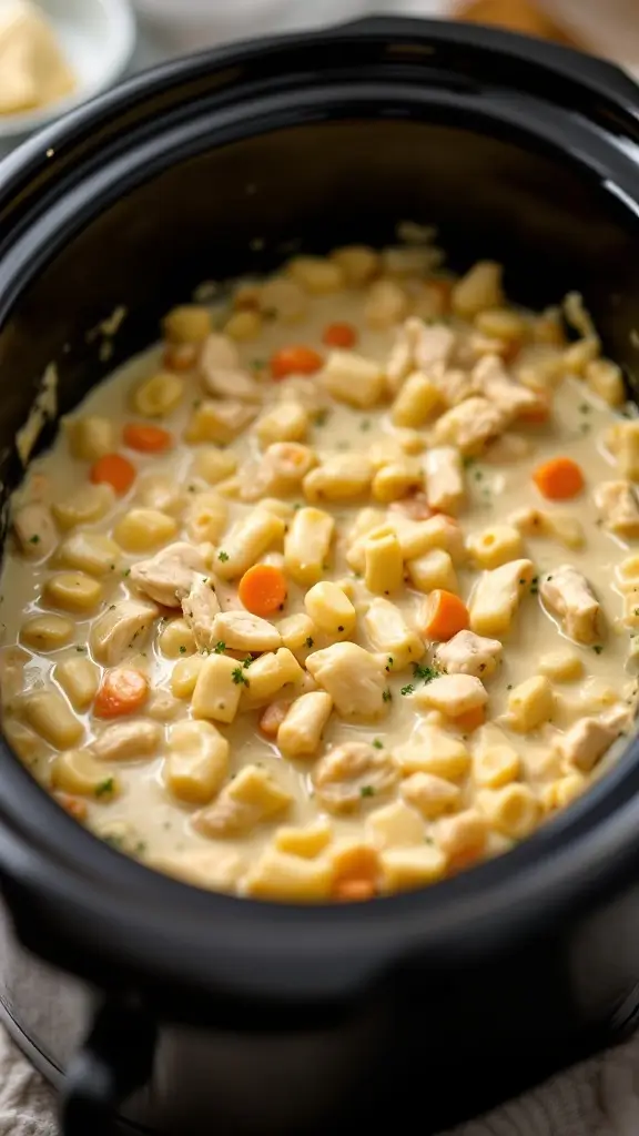A hearty slow cooker chicken pot pie filling with chicken, vegetables, and creamy sauce.