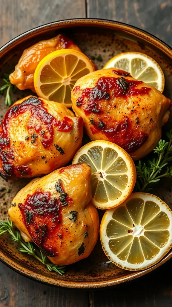 Deliciously baked chicken thighs garnished with lemon slices and herbs