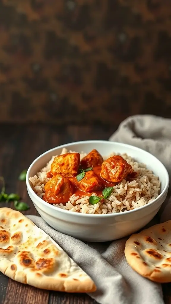 A bowl of Chicken Tikka Masala served with brown rice and naan bread.