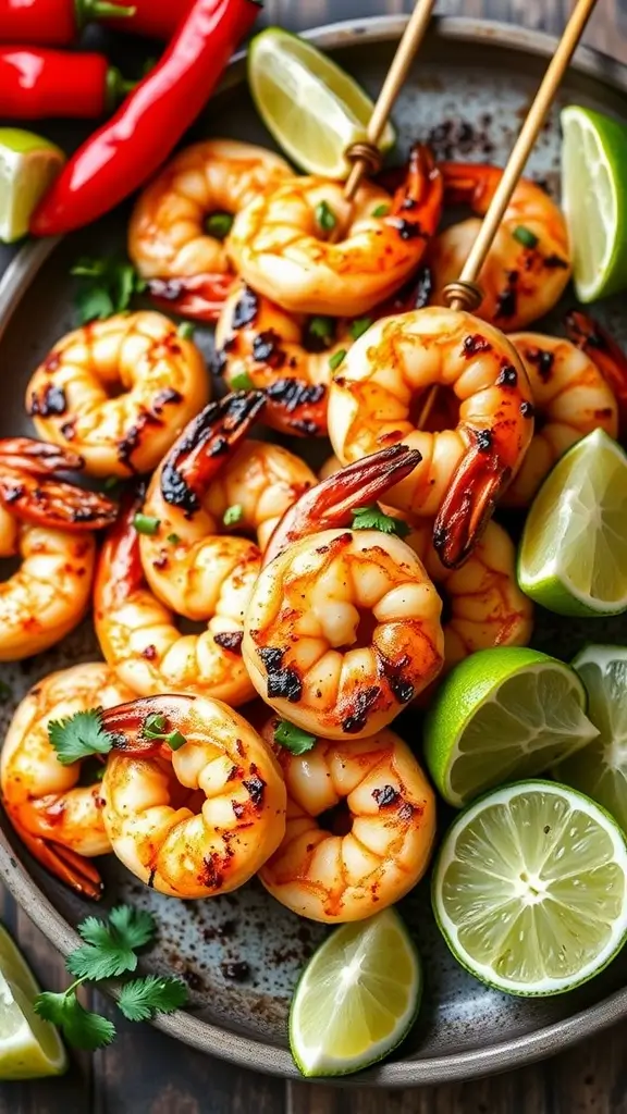 Chili Lime Shrimp Skewers with lime wedges