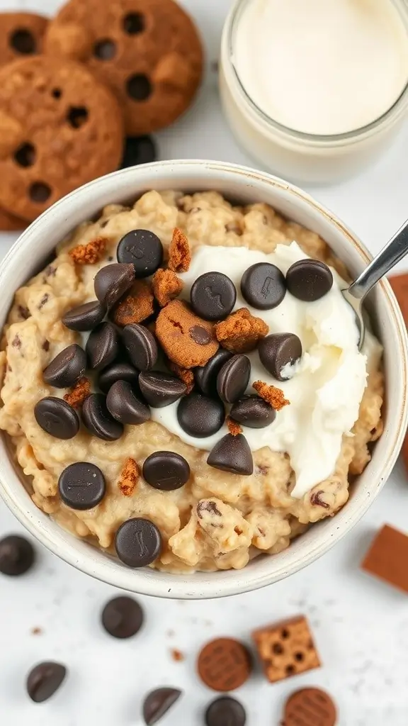 A bowl of chocolate chip cookie dough cottage cheese oatmeal topped with chocolate chips and crushed cookies, surrounded by ingredients.