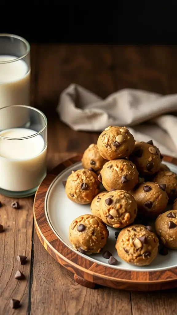 A plate of chocolate chip peanut butter energy balls with glasses of milk on a wooden table.