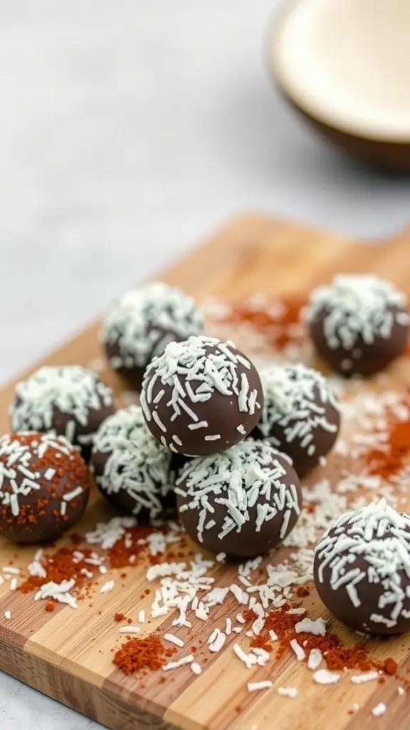 Delicious chocolate coconut energy balls sprinkled with coconut flakes.