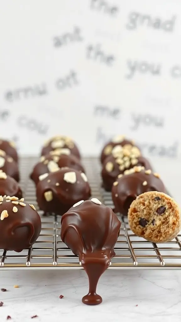 Chocolate dipped energy balls with a drizzle of melted chocolate on top.