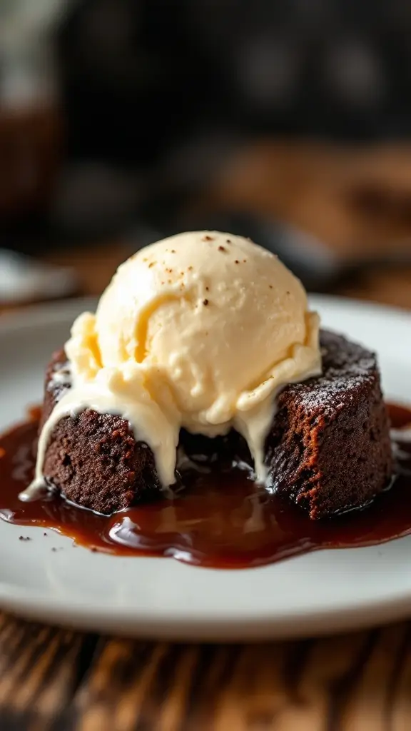 A serving of chocolate lava cake with a scoop of vanilla ice cream on top.