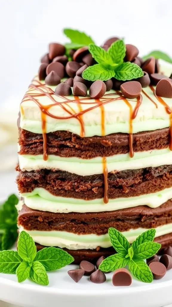 Chocolate Mint Chip Cake with mint leaves and chocolate chips decoration