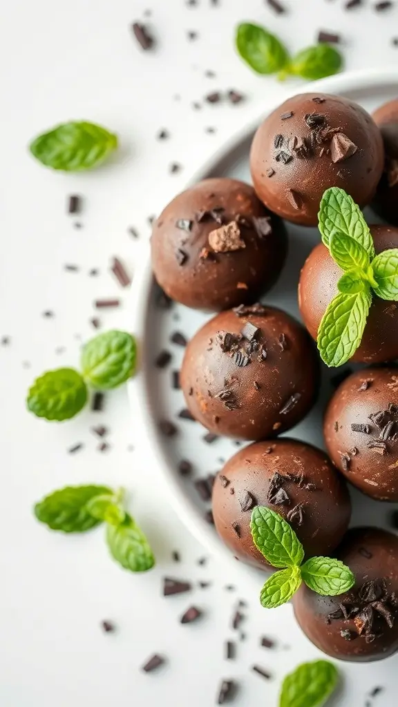 Chocolate Mint Energy Balls on a plate garnished with mint leaves