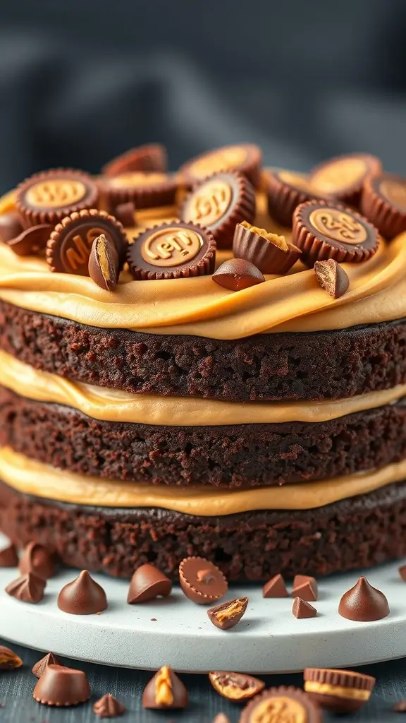 A decadent chocolate cake layered with peanut butter frosting and topped with chocolate candies.