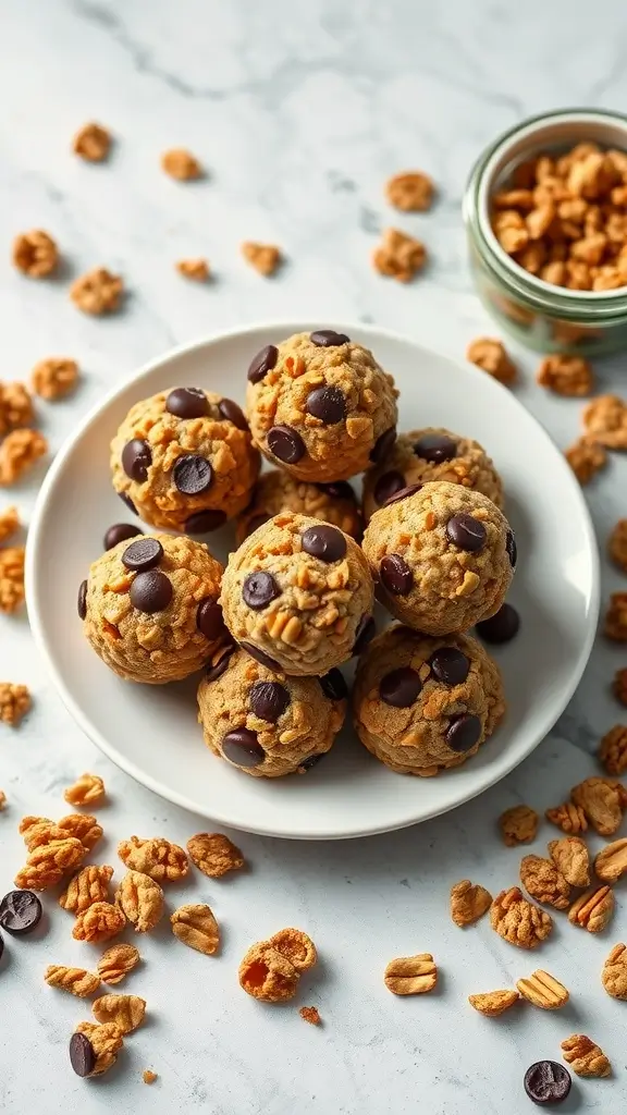 Plate of chocolate peanut butter granola bites with granola scattered around