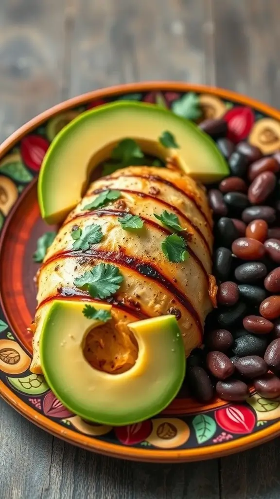 Cilantro-Lime Chicken with Black Beans served with sliced avocado