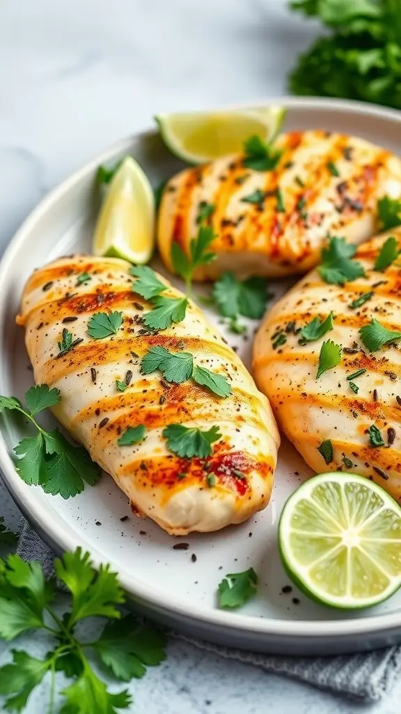 Grilled chicken breasts garnished with cilantro and lime slices.