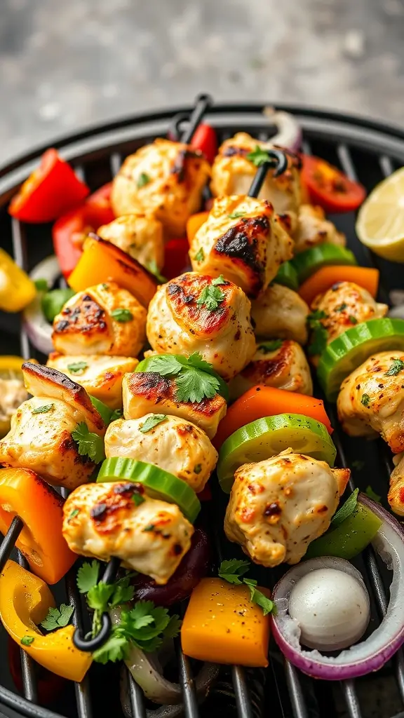 Delicious grilled cilantro lime chicken skewers with colorful peppers and onions.