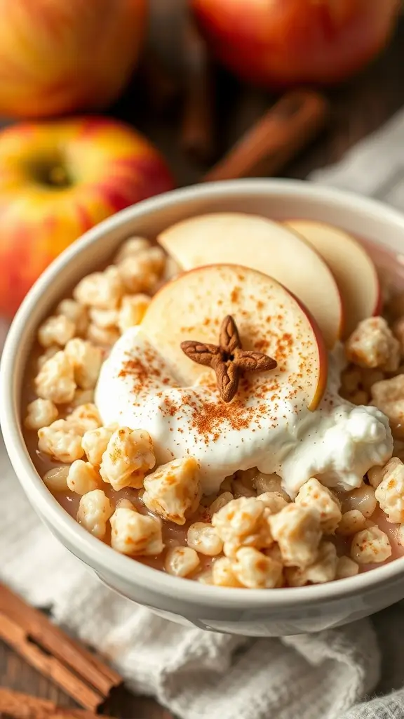 Bowl of Cinnamon Apple Cottage Cheese Oatmeal topped with apple slices and cinnamon sticks