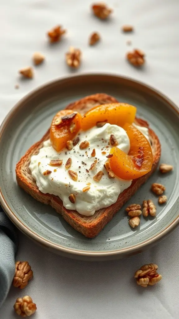 Cinnamon apple cottage cheese toast garnished with walnuts on a plate.