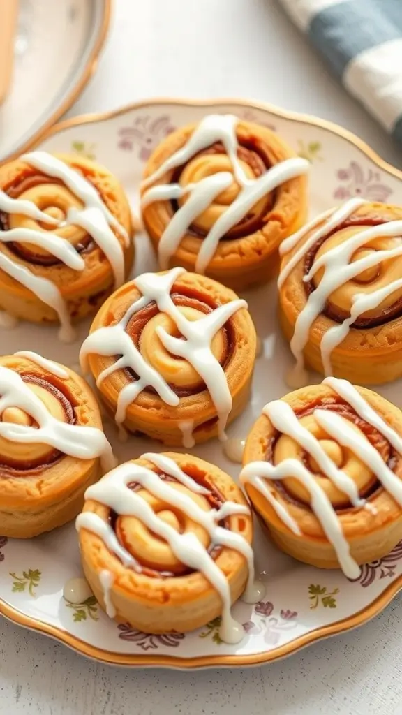 A plate of cinnamon roll peanut butter bites drizzled with icing.