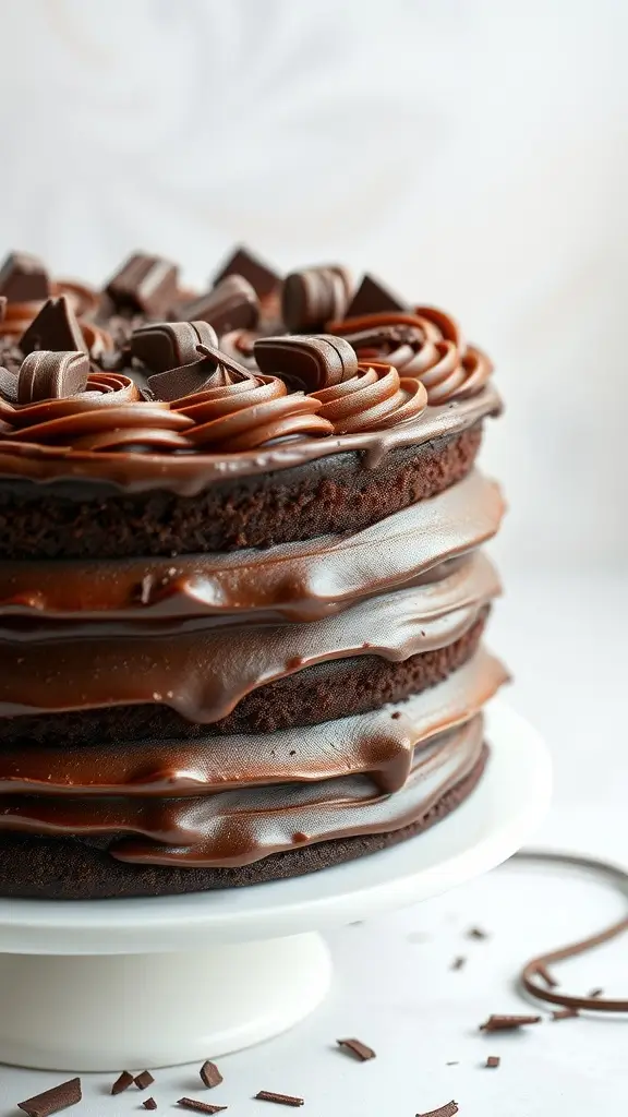 A delicious classic chocolate layer cake with chocolate frosting and decorations.