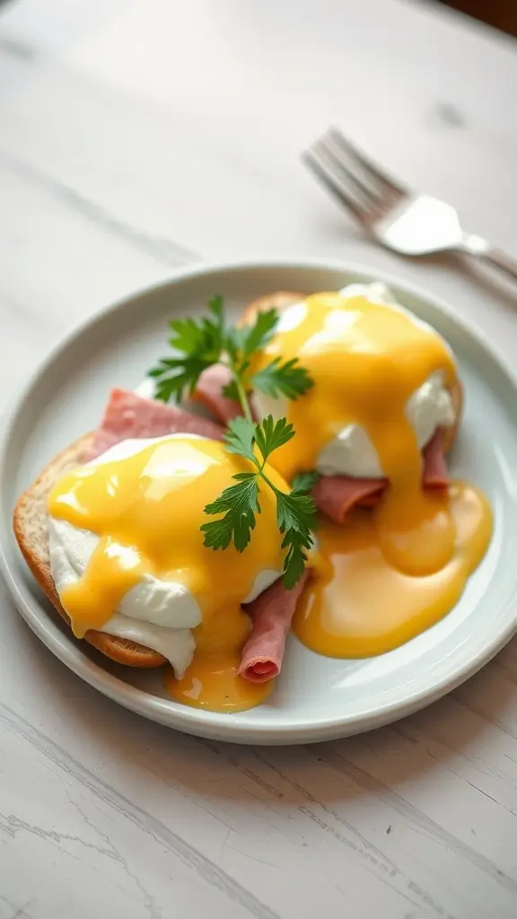 Classic Eggs Benedict with Hollandaise Sauce served on a plate garnished with parsley.