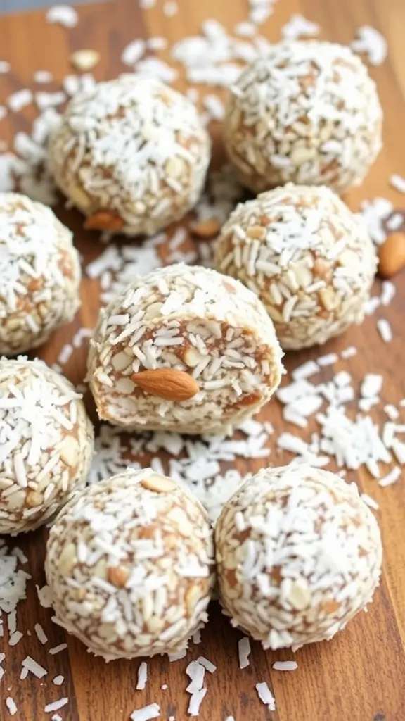 Coconut Almond Joy Energy Bites on a wooden surface