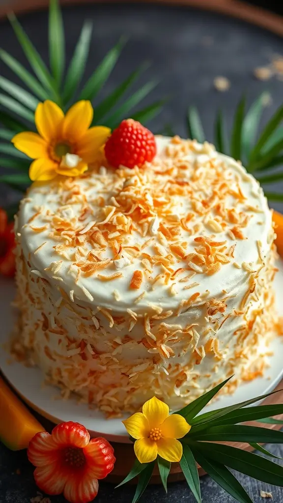 A delicious Coconut Cream Cake topped with golden coconut flakes and decorated with flowers.