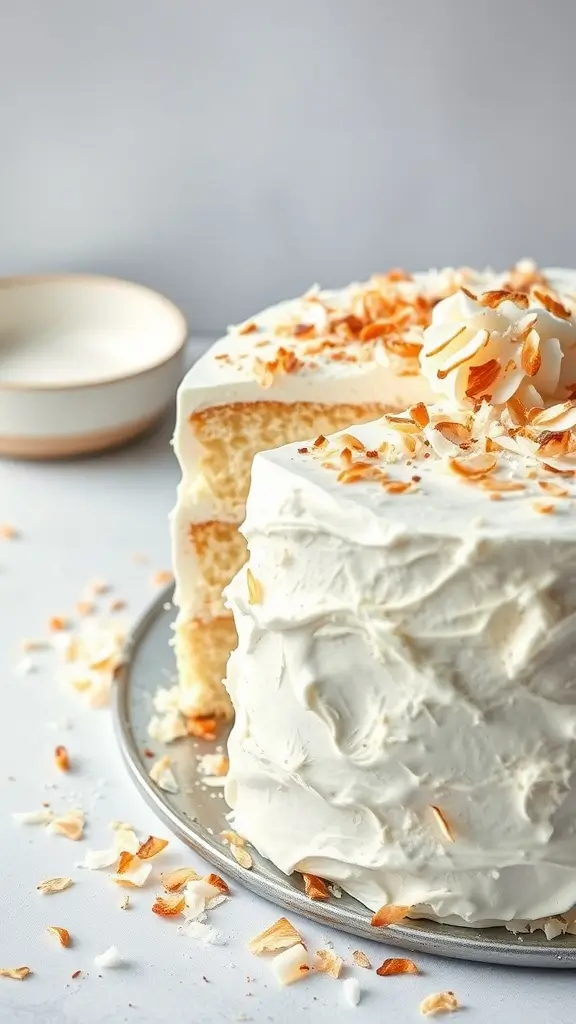 A delicious Coconut Cream Cake topped with toasted coconut flakes.