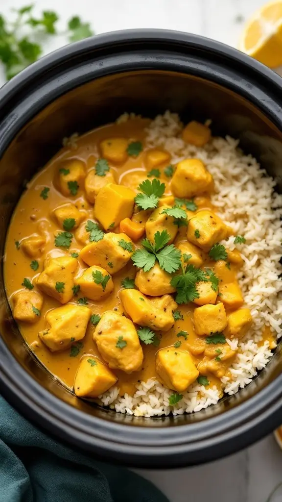 A bowl of coconut curry chicken with rice and cilantro garnished on top.