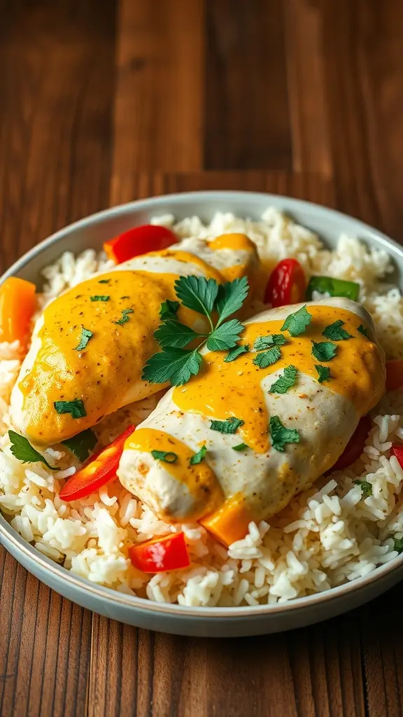 Delicious coconut curry chicken breasts served over rice with colorful bell peppers.