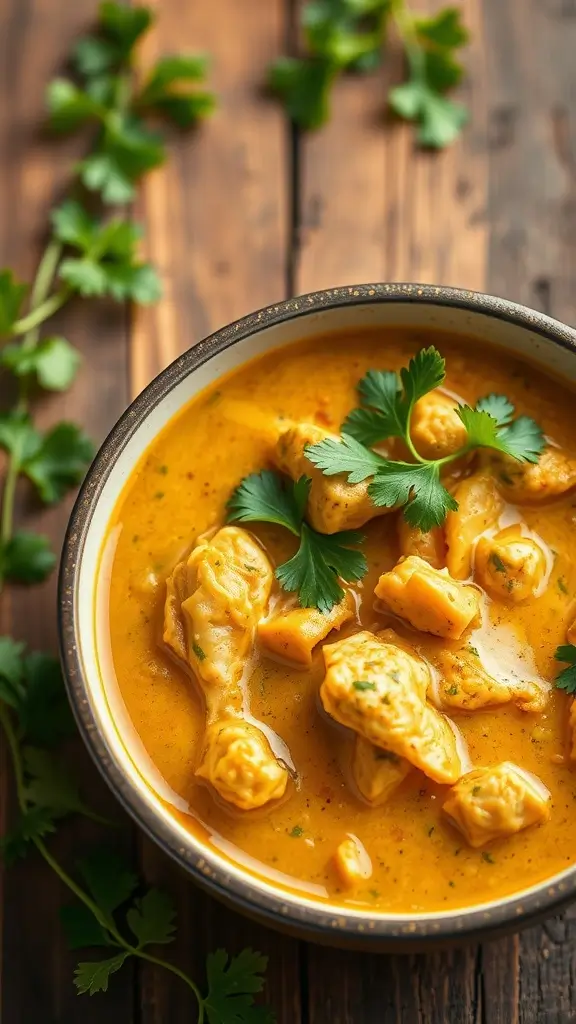 A bowl of coconut curry chicken stew garnished with cilantro.