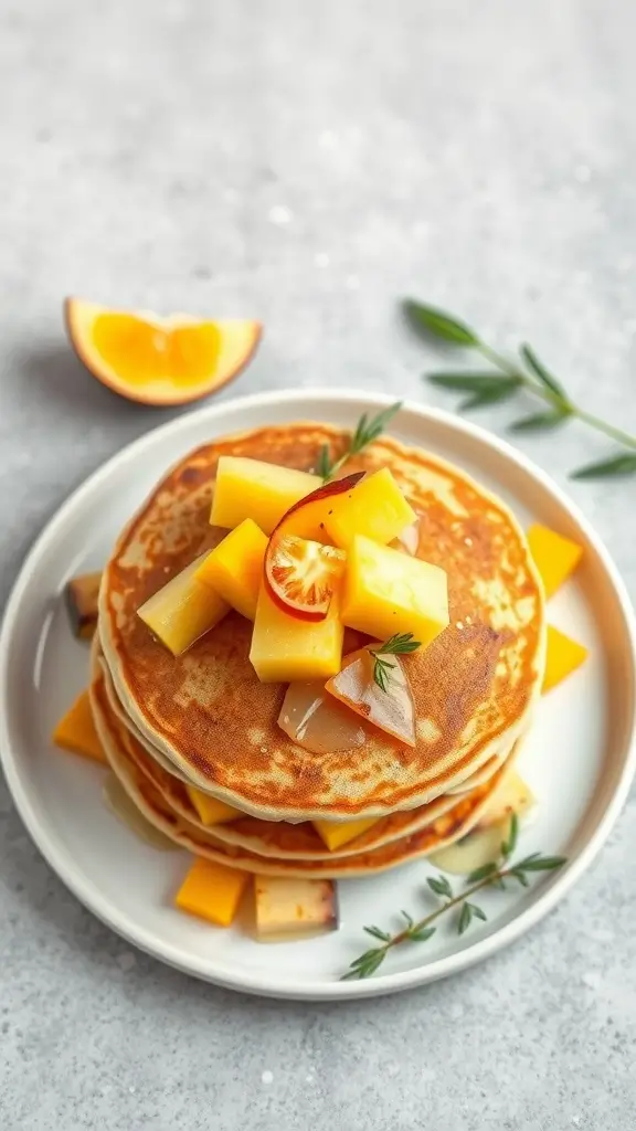 Coconut flour pancakes topped with tropical fruits