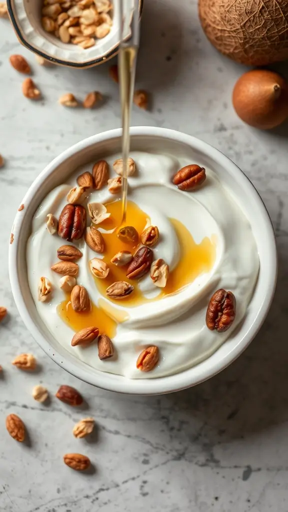 A bowl of coconut yogurt topped with honey and nuts, embodying a delicious and healthy breakfast.