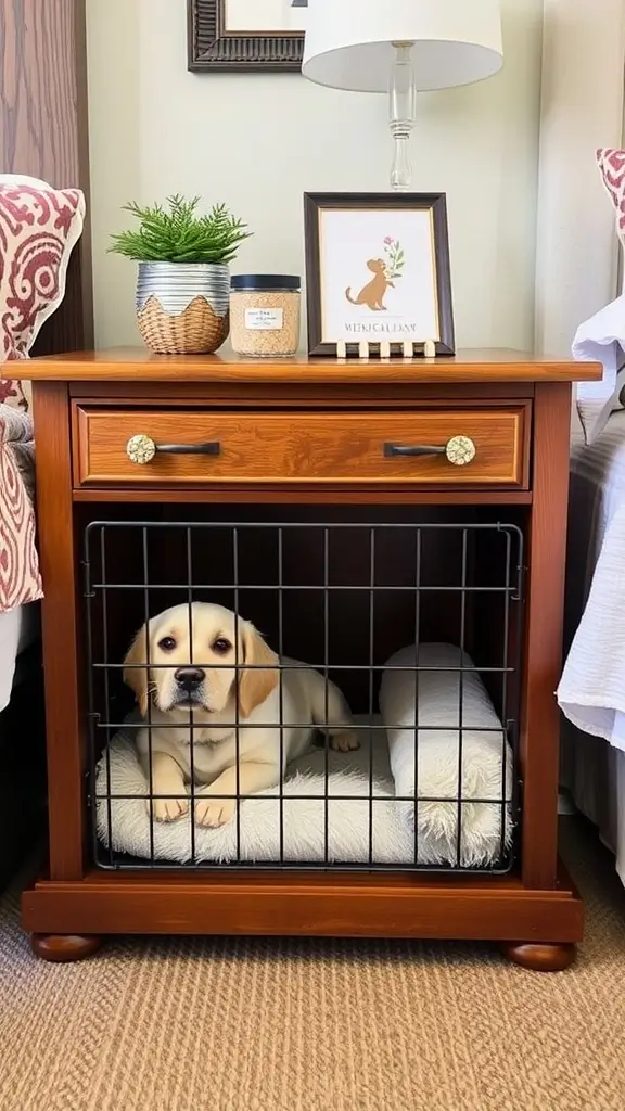A converted nightstand dog crate with a small dog resting inside