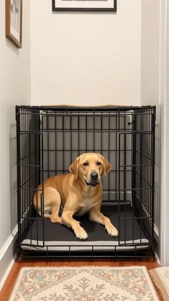 A dog resting in a stylish corner dog crate with a bed inside.