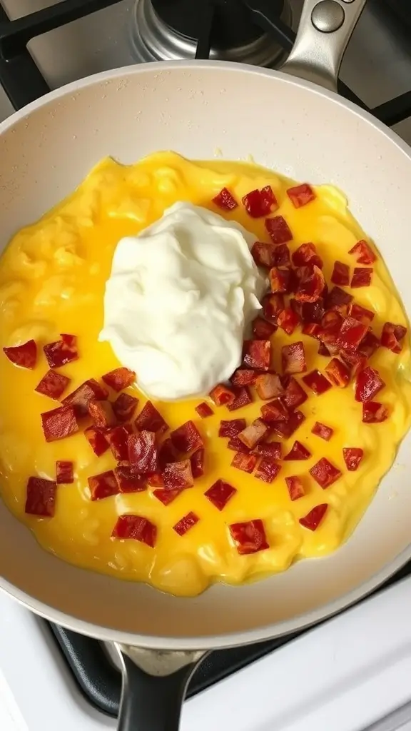 A hearty breakfast skillet with eggs, cottage cheese, and diced turkey bacon.