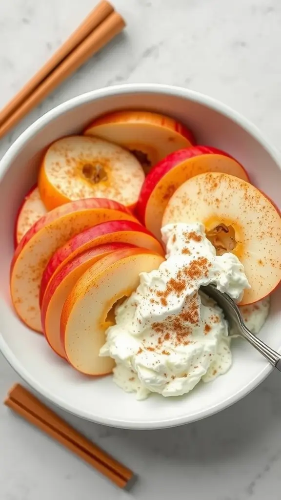 A bowl filled with apple slices and cottage cheese, topped with cinnamon.