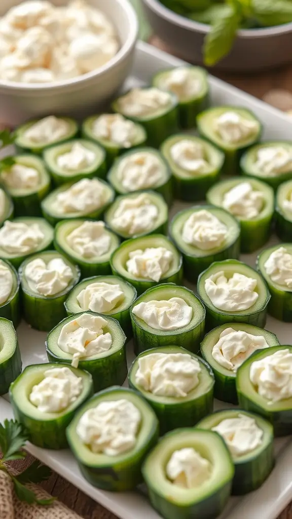Cottage cheese and cucumber roll-ups arranged neatly on a plate.