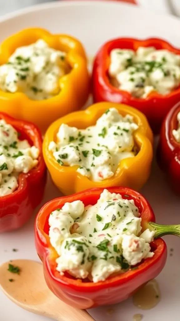Cottage cheese and herb stuffed bell peppers on a plate.
