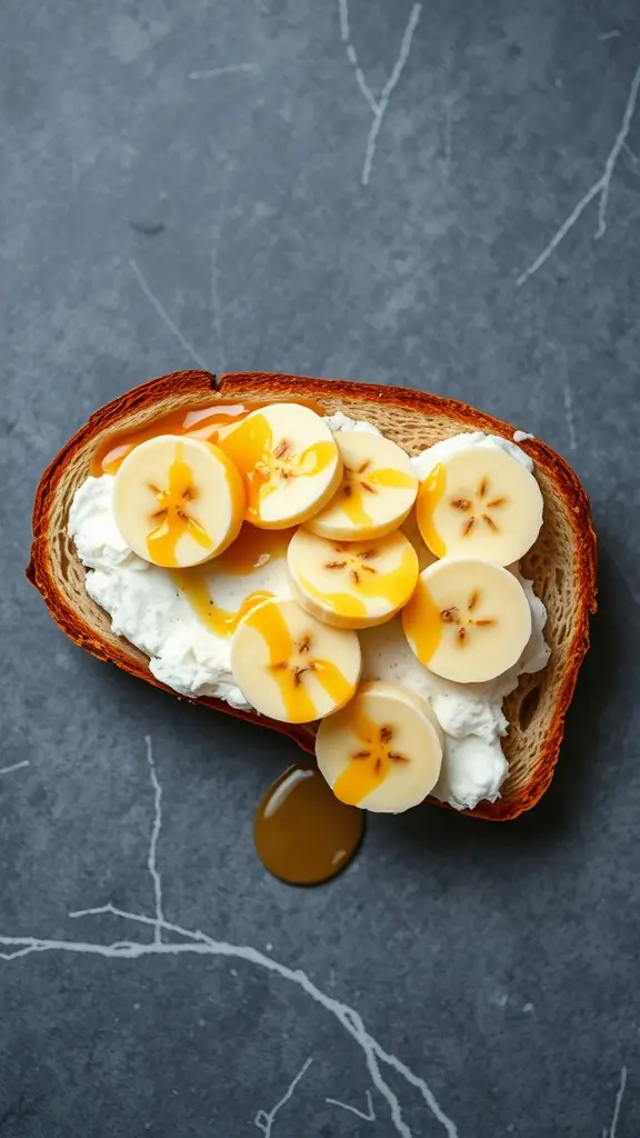Cottage cheese and peanut butter toast topped with banana slices and a drizzle of honey