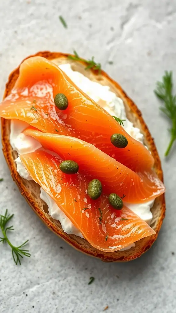 A slice of bread topped with cottage cheese, smoked salmon, and capers, garnished with dill.
